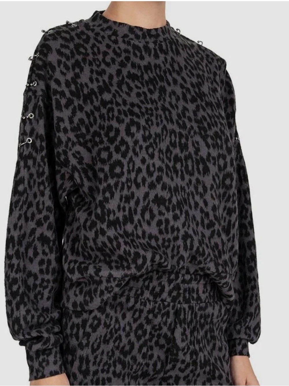 The Kooples x Sport Women Gray Leopard Fleece Crew-Neck Long-Sleeve Sweater
